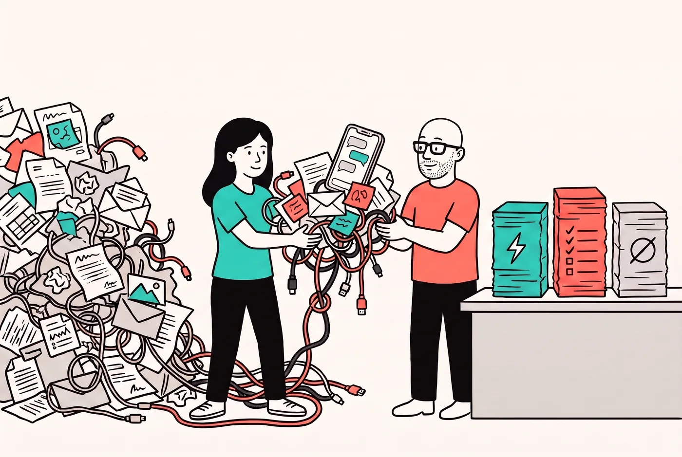 Ilustración: una persona entrega un lío de papeles, chats y cables a un consultor que lo ordena en tres montones